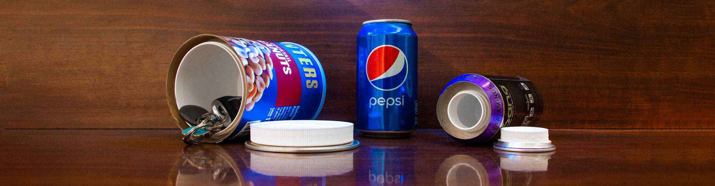 Wholesale Stash Cans laying down on wooden desk inside front lobby at office