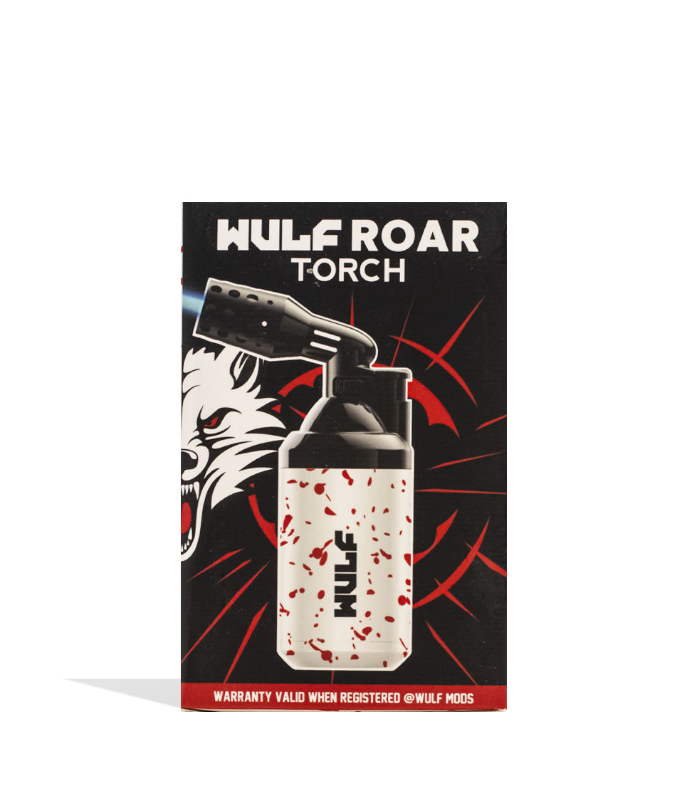 White Red Spatter Wulf Mods Roar Butane Torch 9pk Packaging Front View on White Background