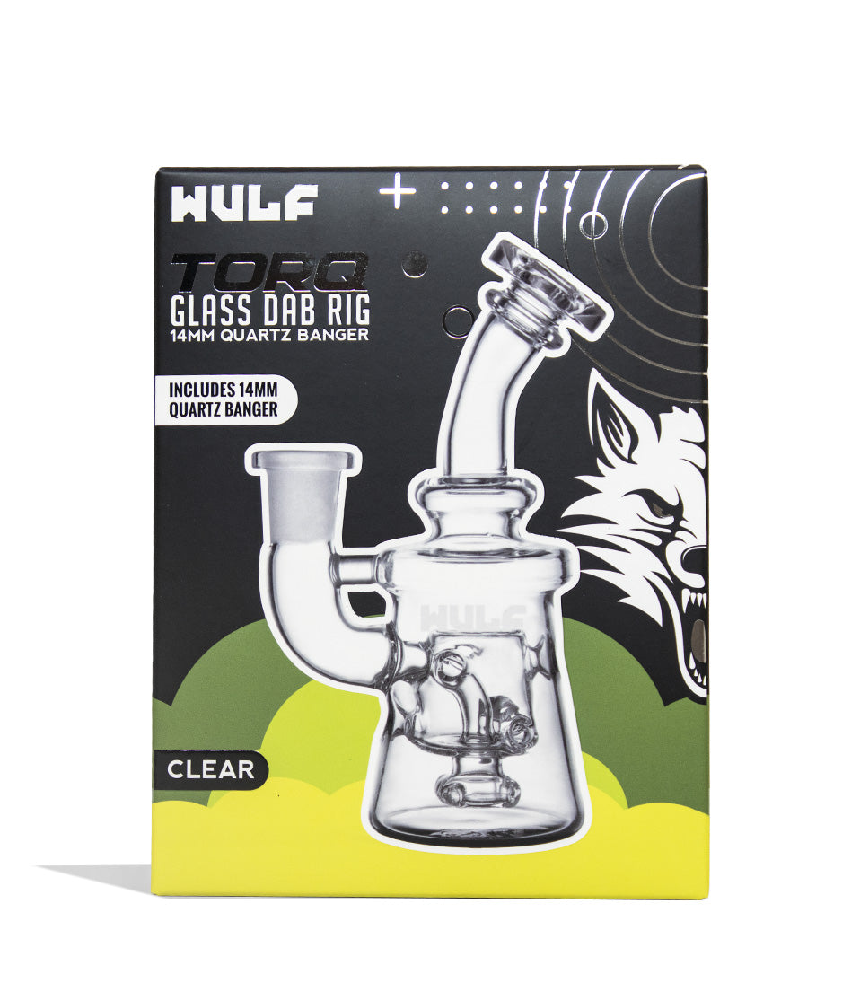 Clear Wulf Mods Torq 14mm Dab Rig with Quartz Banger Packaging Front View on White Background