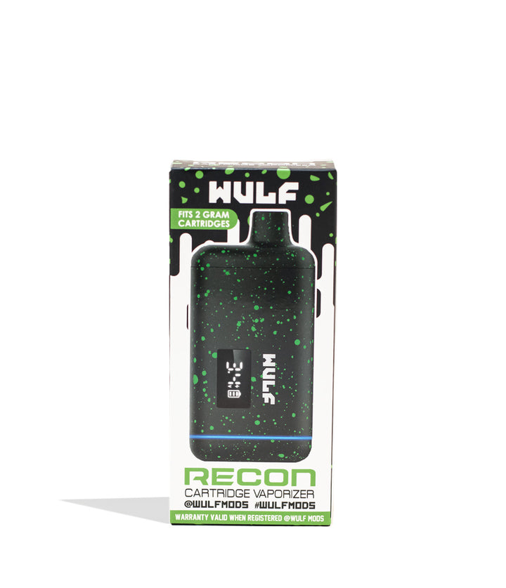 Black Green Spatter Wulf Mods Recon Cartridge Vaporizer 9pk Packaging Front View on White Background