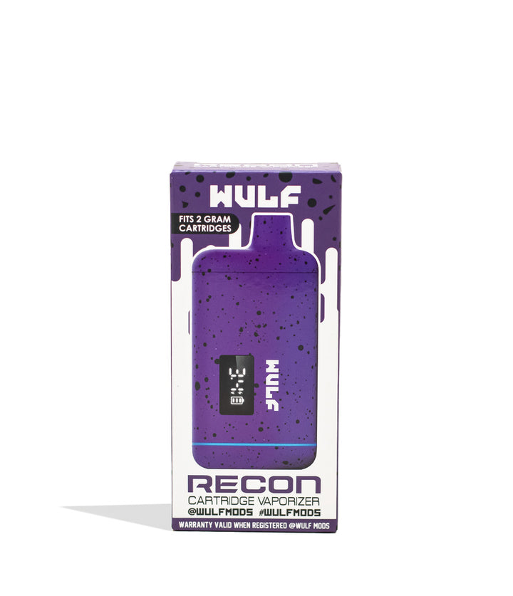 Purple Black Spatter Wulf Mods Recon Cartridge Vaporizer 9pk Packaging Front View on White Background