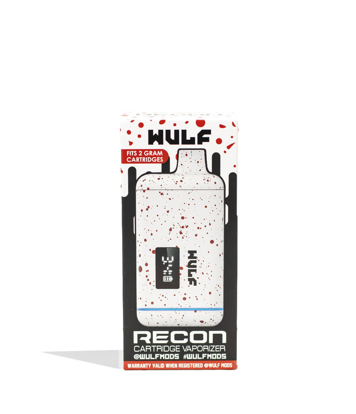 White Red Spatter Wulf Mods Recon Cartridge Vaporizer 9pk Packaging Front View on White Background